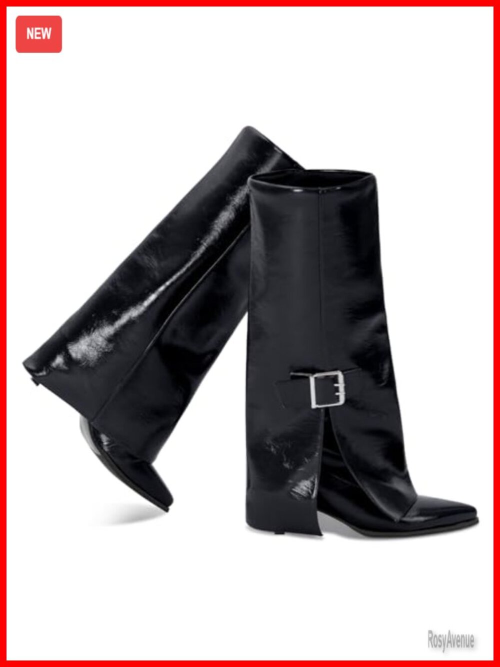 Women's Faux Leather Knee High Boots Pointed Toe Kitten Heel Fold Over